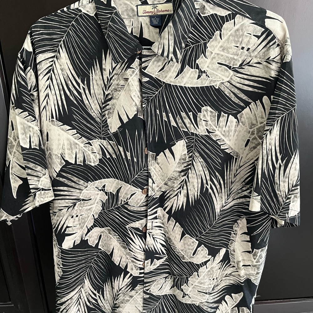 Tommy Bahama Black and Cream Leaf Print Shirt
